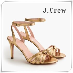 J.CREW Riley Knotted Ankle Strap Heel Sandals Gold Metallic Leather Size 6.5